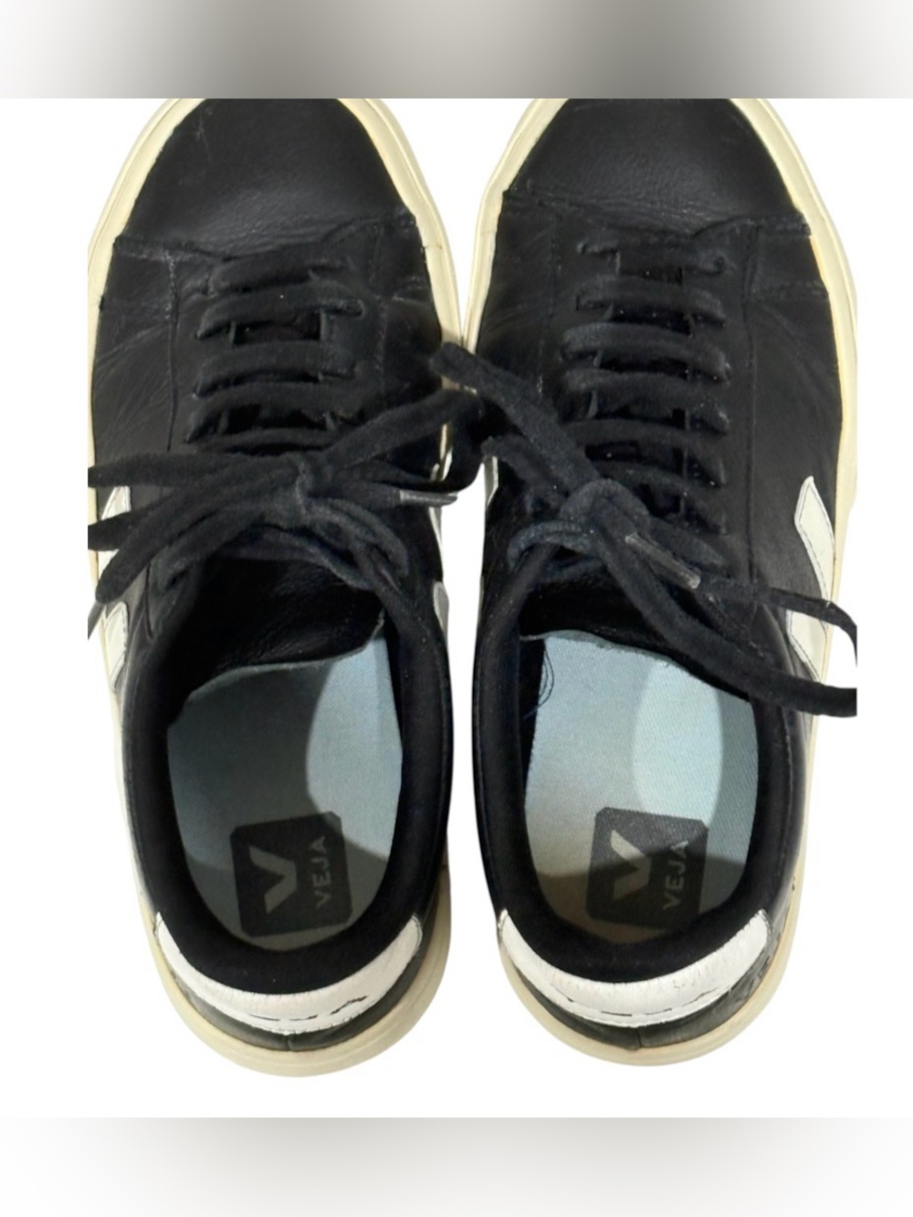 VEJA Black Leather Low-Top Lace-Up Sneakers White Logo EU 37 US 6 UK 4 - Picture 7 of 8